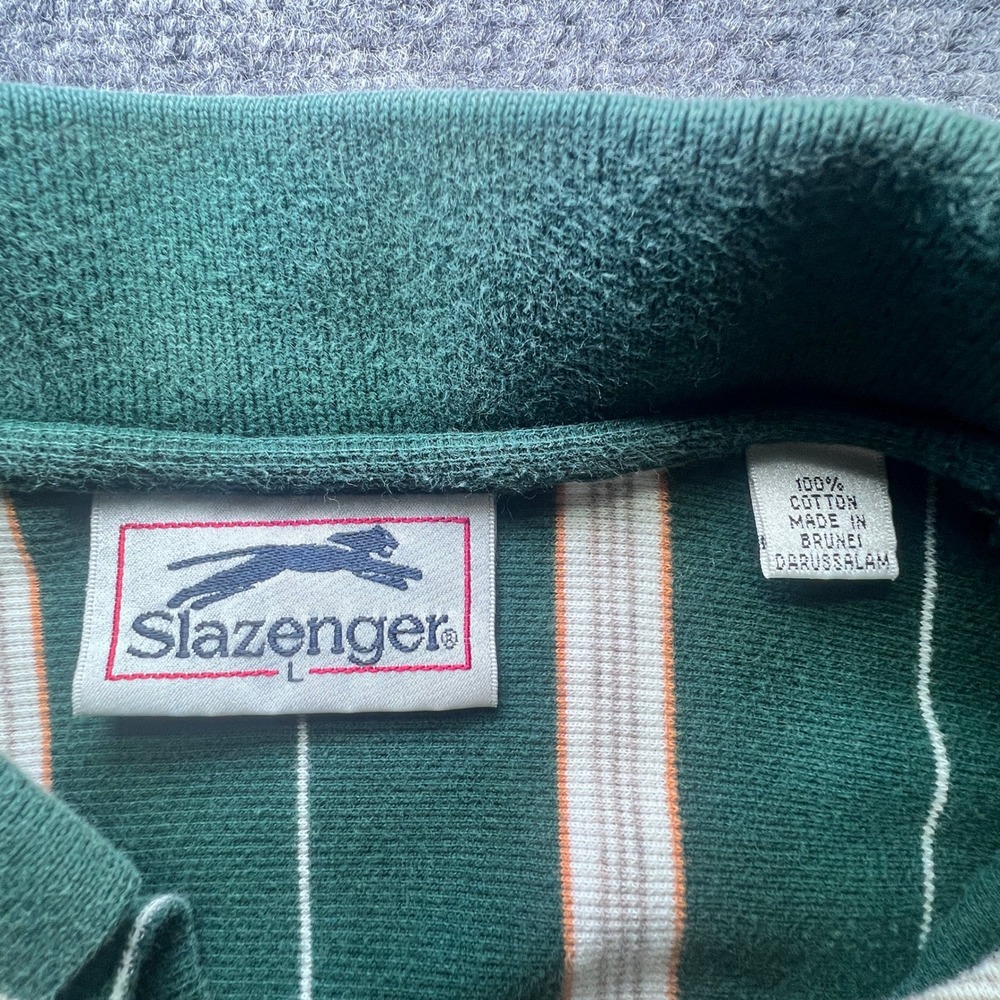 Vintage Slazenger Mens Large Green Striped Cotton Polo Shirt Short Sleeve Logo - Picture 6 of 9